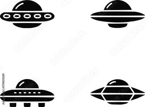 UFO Silhouette Icon Set  Alien Spaceships, Flying Saucers, and Sci-Fi ObjectsUFO Silhouette Icon Set  Alien Spaceships, Flying Saucers, and Sci-Fi Objects