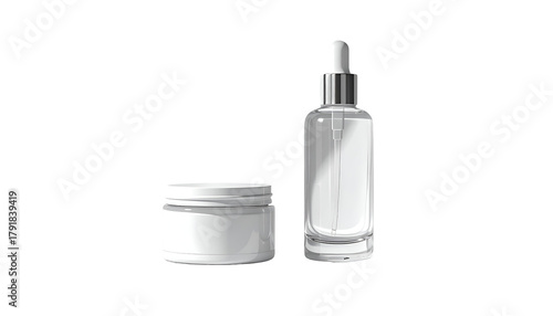 Realistic transparent isolated mockup of cosmetic bottle and cream jar, elegant minim