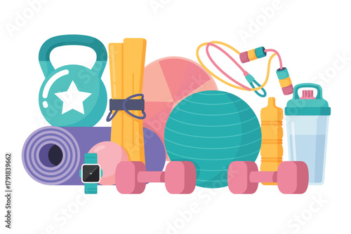 Vector illustration of collection of fitness and sports equipment including dumbbells, kettlebell, yoga mat, jump rope, stability ball, and water bottle