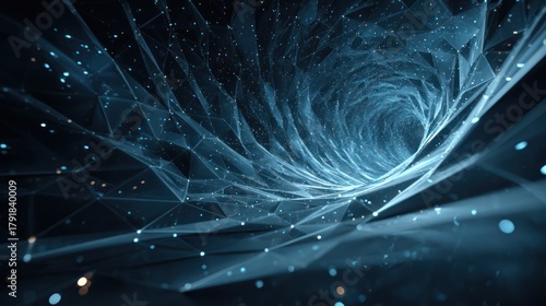 Fototapeta Naklejka Na Ścianę i Meble -  A digital vortex tunnel of interconnected lines and glowing particles