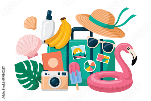Vector illustration of summer vacation essentials arranged around a suitcase, featuring a straw hat, sunglasses, camera, inflatable flamingo, and tropical leaves