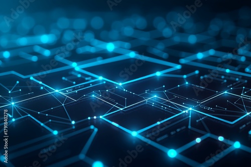 Blue digital network nodes connect in futuristic space, glowing links symbolizing data flow and technological advancement.