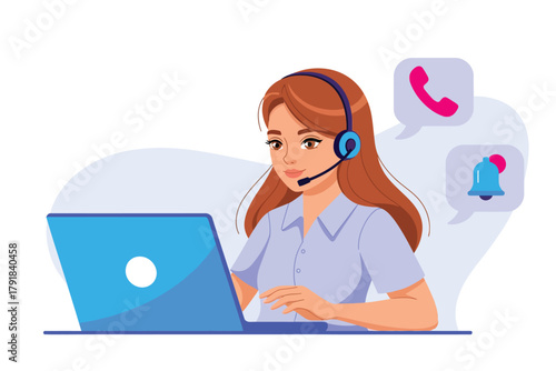 Vector illustration of customer service representative with headset and laptop, handling calls and notifications for support and communication