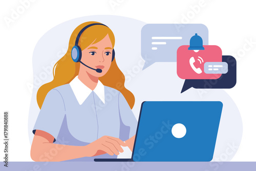 Vector illustration of customer service representative wearing a headset, typing on a laptop, with chat and call icons symbolizing remote assistance and digital communication