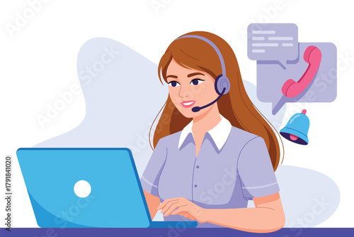 Vector illustration of focused female call center agent with headset and laptop, engaging in online support with visual cues of chat, phone, and notification icons