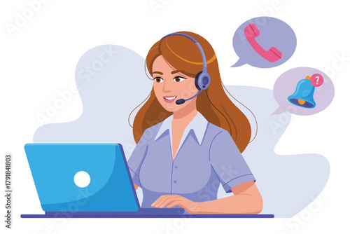 Vector illustration of a friendly female customer service representative wearing a headset and working on a laptop, with call and notification icons in speech bubbles above her