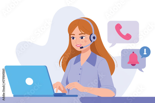 Vector illustration of a woman wearing a headset and typing on a laptop, with call and notification icons in speech bubbles, representing customer service or remote work