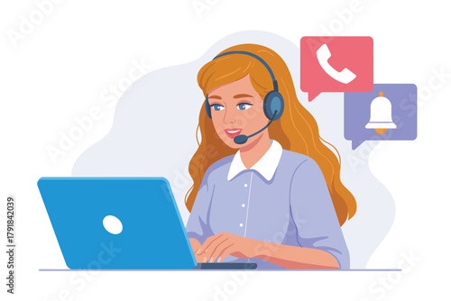 Vector illustration of a woman wearing a headset and typing on a laptop, with call and notification icons in speech bubbles, representing customer service or remote work