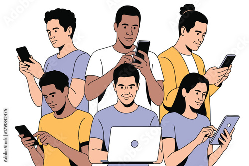 Vector illustration of diverse group of young adults engrossed in their smartphones and laptop