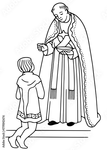 Black line art of a priest or bishop in vestments giving Holy Communion to a kneeling child/acolyte in a medieval style.