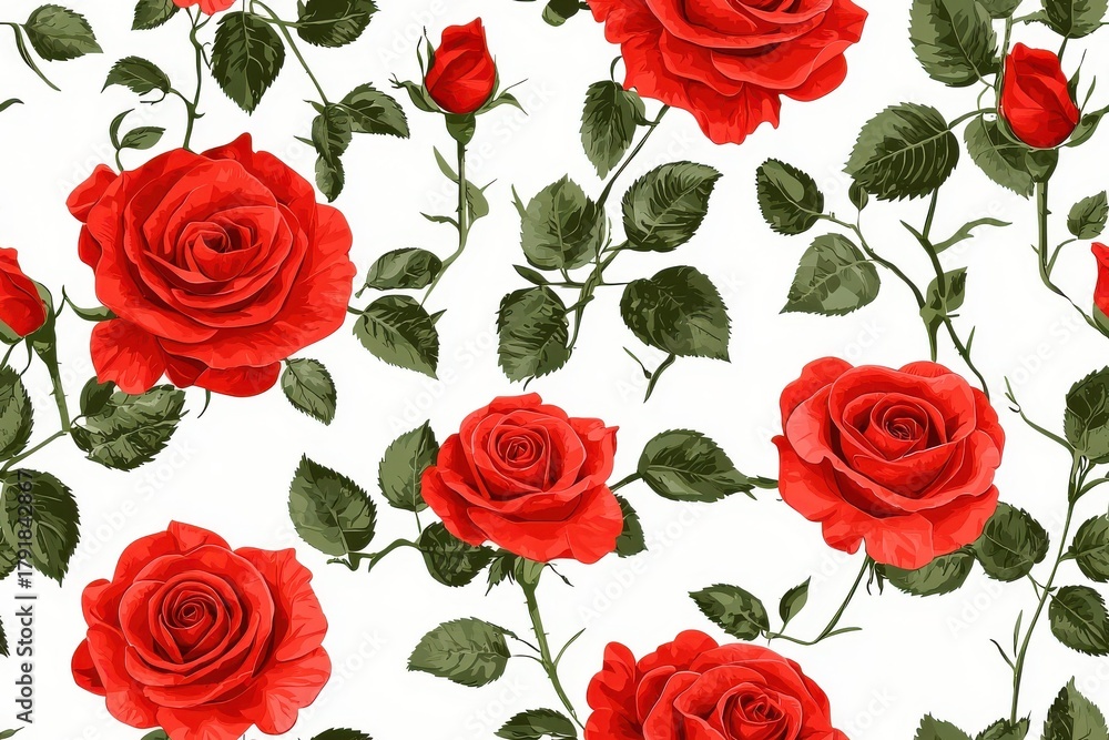 Fototapeta premium Flat style seamless pattern of red roses, isolate on white background.