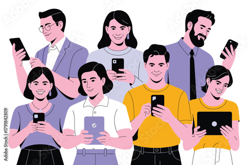 Vector illustration of diverse group of people of various ages and ethnicities using smartphones, tablets, and laptops