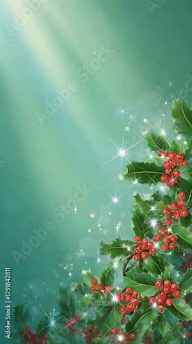 Beautiful Christmas background featuring holly leaves, red berries, and shining stars on a green backdrop. Perfect decorative vector design for holiday posters or greeting cards.