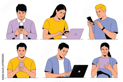 Vector illustration of set of diverse people engaged with electronic gadgets such as phones, laptops, and tablets