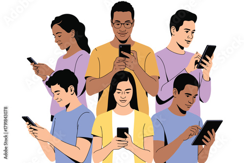 Vector illustration of a diverse group of people of various ages and ethnicities are engrossed in their smartphones, highlighting modern communication and digital connectivity