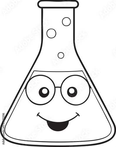 Happy cartoon erlenmeyer flask illustration, science laboratory education and chemistry fun design concept