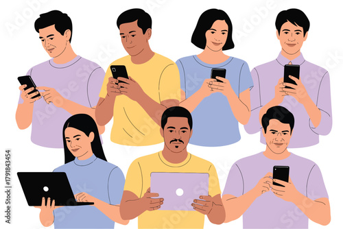 Vector illustration of a diverse group of people, men and women, are engrossed in their smartphones and tablets