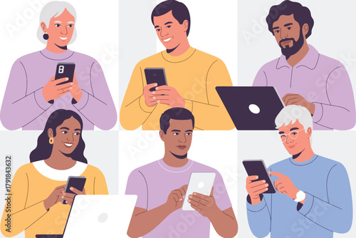 Vector illustration of diverse group of people of different ages and ethnicities using various digital devices like smartphones, tablets, and laptops for communication and work