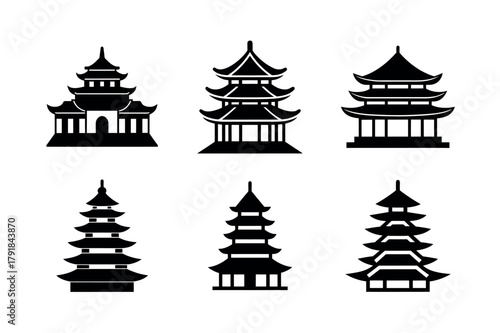 Pagoda Temple Vector Icon Set – Asian Architecture Building Silhouette