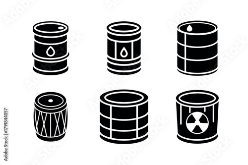 Oil Drum Barrel Vector Icon Set – Chemical Storage Container Silhouette
