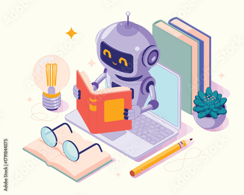 Vector illustration of cute purple robot reading a book on a laptop, surrounded by books, a lightbulb, glasses, and a pencil, representing education and technology