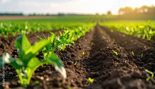 Emerging Corn Sprouts in Rows with Farmland at Sunset, and Agricultural Landscape.