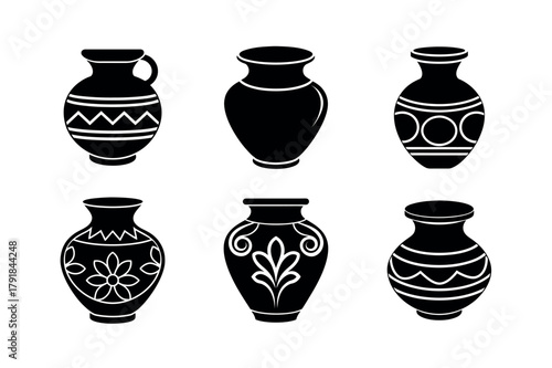 Ancient Pottery Vase Jar Vector Icon Set – Ethnic Ceramic Silhouette