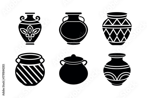Ancient Pottery Vase Jar Vector Icon Set – Ethnic Ceramic Silhouette