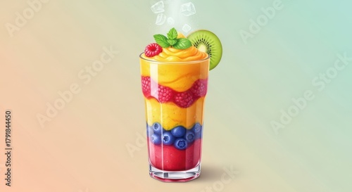 Vibrant layered fruit smoothie refreshing cold drink with fresh berries and kiwi