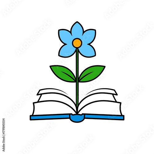 Wallpaper Mural Cartoon illustration featuring a vibrant blue flower sprouting from an open book with green leaves and a bright yellow center, set against a white background Torontodigital.ca
