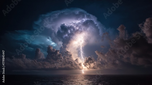 Wallpaper Mural A dramatic nighttime image showcasing a powerful lightning strike over calm ocean water Torontodigital.ca