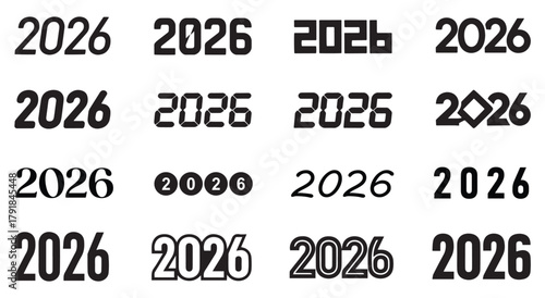 Happy New Year 2026 number design template labels logo for diaries, notebooks, calendars shape set collection pack black icon silhouette vector flat illustration design on white background