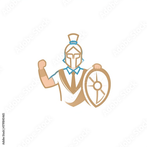 Wallpaper Mural Cartoon-style illustration of a businessperson dressed as a Spartan warrior, holding a shield and fist raised. Neutral palette Torontodigital.ca