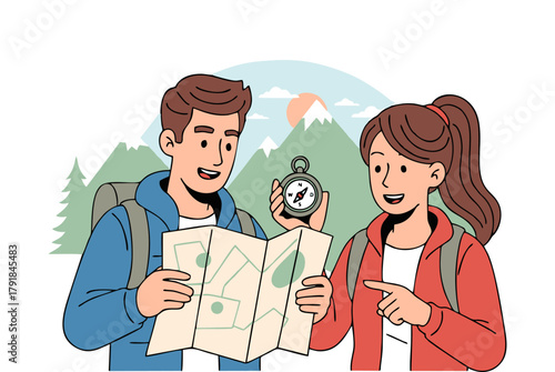 Couple Reading Map for Travel Planning Illustration