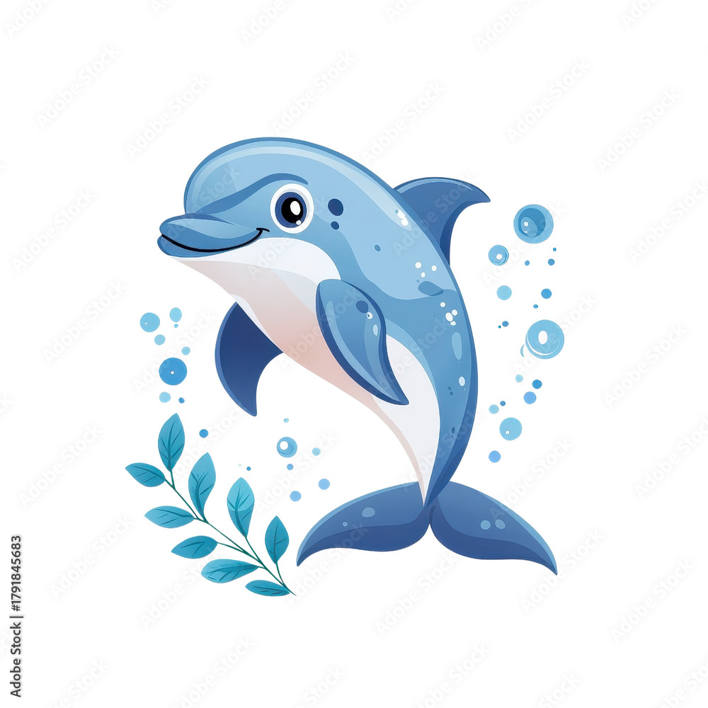 Fototapeta premium A flat style dolphin illustration, isolate on white background, focusing on simplicity and modern design. PNG