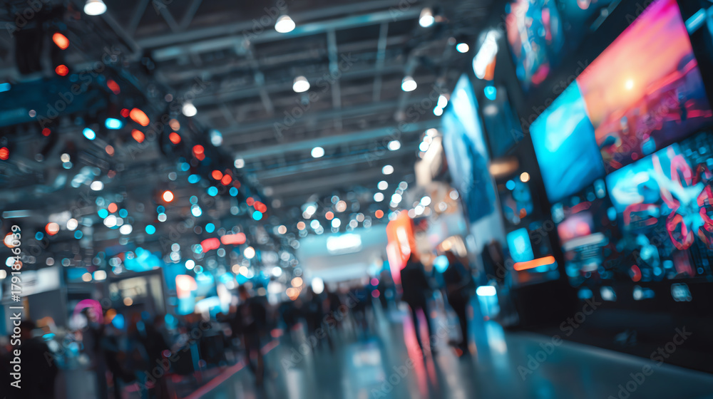 custom made wallpaper toronto digitalVibrant technology exhibition hall filled with digital screens and crowds, showcasing the latest innovations.