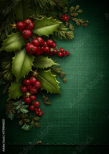 Beautiful Christmas background featuring holly leaves, red berries, and shining stars on a green backdrop. Perfect decorative vector design for holiday posters or greeting cards.