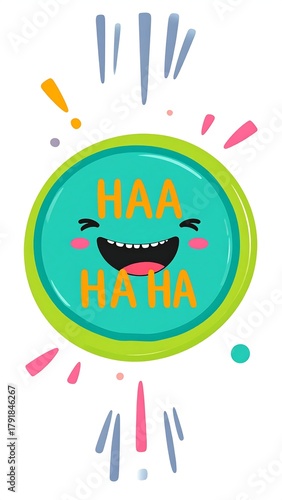 Wallpaper Mural Cartoon-style circle icon with a smiling face, displaying "HAA HAHA" in orange, surrounded by radiating bursts Torontodigital.ca