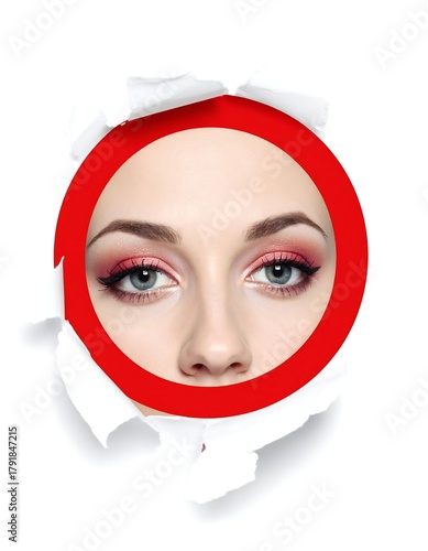 Wallpaper Mural Close-up of a fair-skinned woman's face, her eyes peeking through a torn hole, framed by a red circle, on a white background Torontodigital.ca