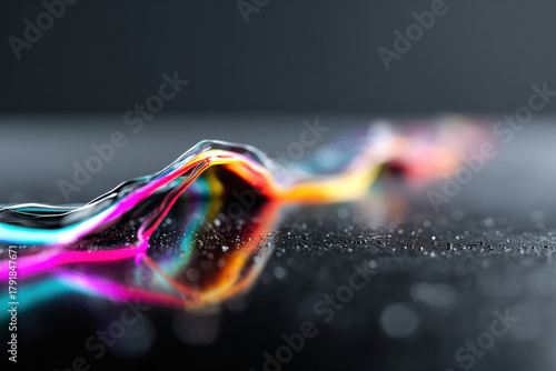 Futuristic abstract liquid waves with neon reflections on dark surface