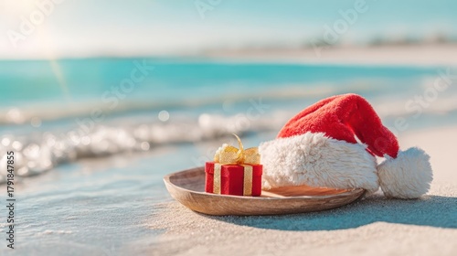 Fototapeta Naklejka Na Ścianę i Meble -  Festive christmas santa hat and gift box resting on a wooden tray at a tropical beach with ocean waves