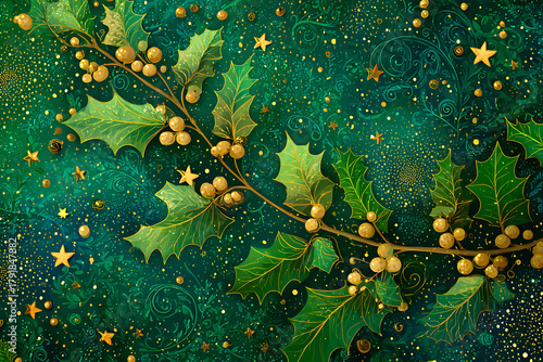 Beautiful Christmas background featuring holly leaves, red berries, and shining stars on a green backdrop. Perfect decorative vector design for holiday posters or greeting cards.