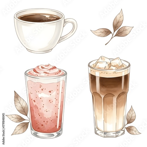 A delightful collection of hand-drawn autumn beverages and coffee drinks, perfect for cozy fall illustrations and refreshing sips, captured in an artistic and inviting watercolor style