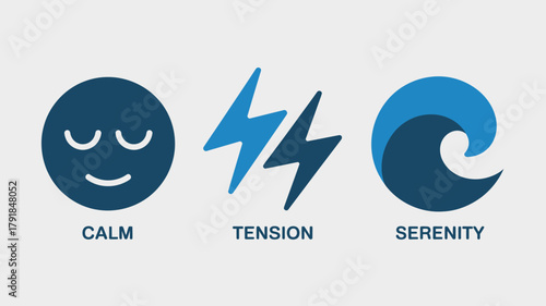 Set of minimalist mood icons flat vector design elements representing calm tension and serenity isolated on white background
