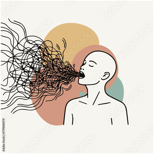 01aReleasing Heavy Emotions

A gender-neutral figure exhaling a cloud of tangled lines that gradually smooth into calm curves, bold vector lines expressing emotional release.