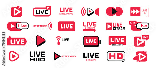 Live Streaming Icon Set – Red Stream Button, Broadcast Interface Symbols, Online News Logo Elements, Webinar and Music Channel Graphics, TV and Video Screen Vector Collection