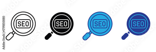 Seo search engine optimization magnifying glass icon set. digital marketing web search find isolated on white background