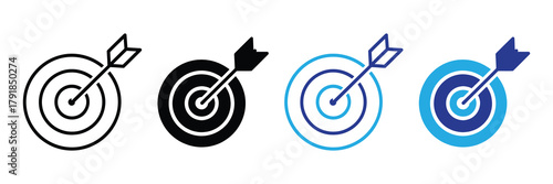 Business strategy and success: target with arrow hitting bullseye icon set, vector graphic isolated on white background
