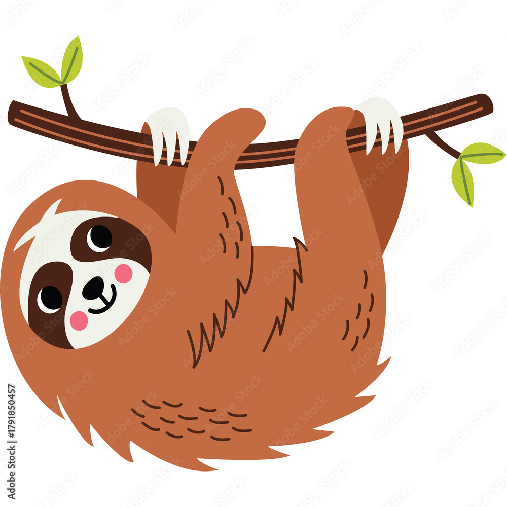 Naklejka premium Cute Brown Sloth Hanging From Tree Branch With Green Leaves On Transparent Background And Pink Cheeks