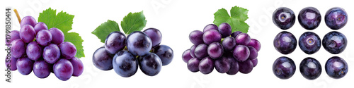 Purple grapes fresh isolated on white background.  Collection Set Png.